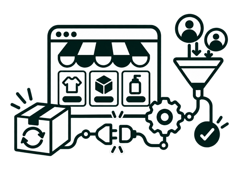Dark green line illustration of a storefront, product box, funnel, plug, and gear