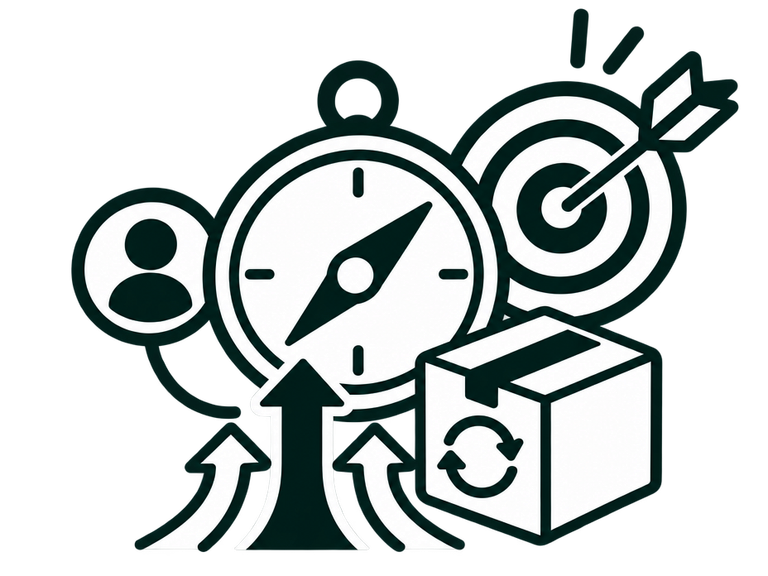 Dark green line illustration of a compass, target, subscription box, and directional arrows
