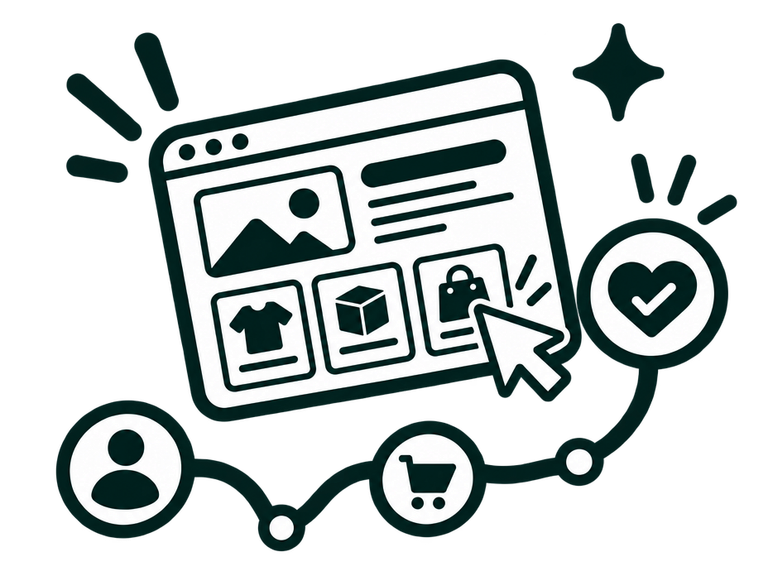 Dark green line illustration of a storefront wireframe, cursor, customer journey nodes, and heart