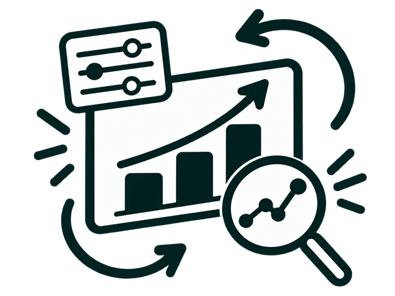 Dark green line illustration of an upward analytics chart, sliders, circular arrows, and magnifying glass