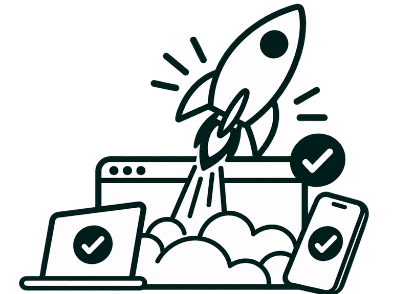 Dark green line illustration of a rocket launching from a storefront across laptop and phone screens